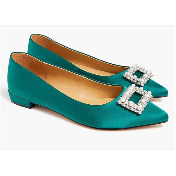 Crystal Embellished Pointed-Toe Satin Flats | Sz 7, Green | J Crew Factory - Picture 1 of 6